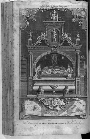 The Monument to Henry II and Richard I in Fontevrault Abbey; engraved by John Goldar from (after) Hubert Gravelot