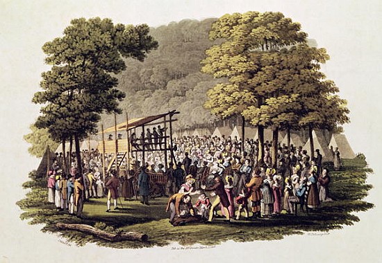 Camp Meeting of the Methodists in North America; engraved by Matthew Dubourg (fl.1813-20) 1819 from (after) Jacques Milbert