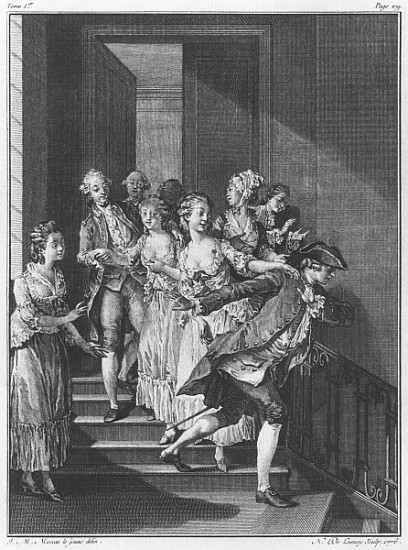 Saint-Preux escaping, volume I, page 279, illustration from ''La Nouvelle Heloise'' Jean-Jacques Rou from (after) Jean Michel the Younger Moreau