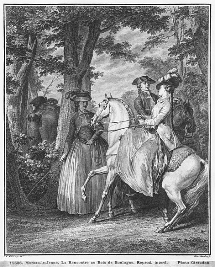 The meeting at the Bois de Boulogne; engraved by Heinrich Guttenberg (1749-1818) c.1777 from (after) Jean Michel the Younger Moreau