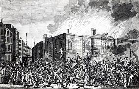 An exact representation of the Burning, Plundering and Destruction of Newgate the Rioters on the mem