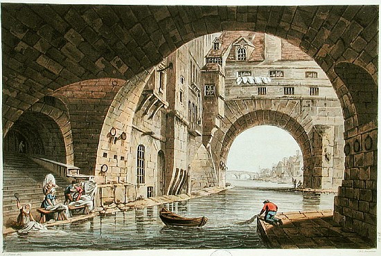 The Washing Place of the Hotel-Dieu and the Pont de la Tournelle; engraved by I. Hill from (after) John Claude Nattes