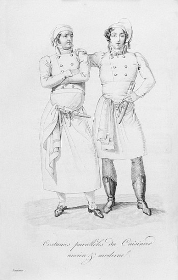 Costumes of cooks from different eras, from ''Le Maitre d''Hotel francais'' Marie Antoine Careme, pu from (after) Marie Antoine Careme