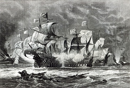 The Vanguard, under Sir William Winter, engaging the Spanish Armada, from ''Leisure Hour'' from (after) Oswald Walter Brierly