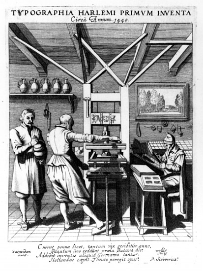 The bindery of Laurens Janszoon Koster; engraved by J. van der Velde, published by  in ''Laure-crans from (after) Pieter Jansz Saenredam