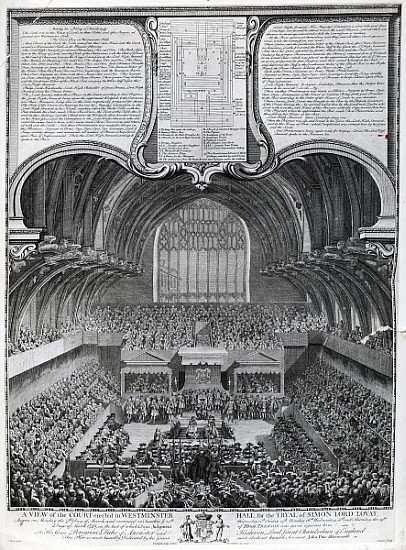 Trial of Simon Fraser, Lord Lovat, in Westminster Hall; engraved by James Basire from (after) Samuel Wale