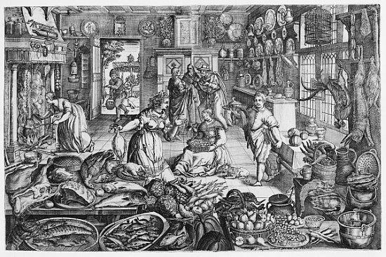 Kitchen scene in the early seventeenth century from (after) Schelte Adams Bolswert