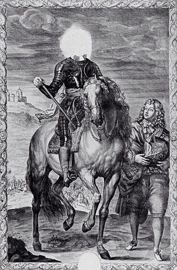 Defaced equestrian portrait of Charles I; engraved by Pierre Lombart from (after) Sir Anthony van Dyck