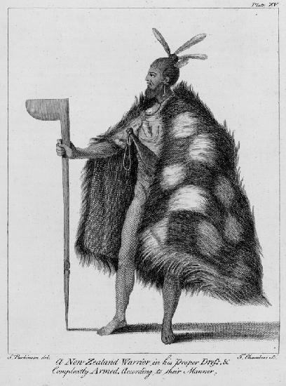 A New Zealand warrior, from ''A Journal of a Voyage to the South Seas in his Majesty''s ship, the En