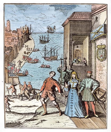 Parting of Columbus with Ferdinand and Isabella, from ''Narrative and Critical History of America'', from (after) Theodore de Bry