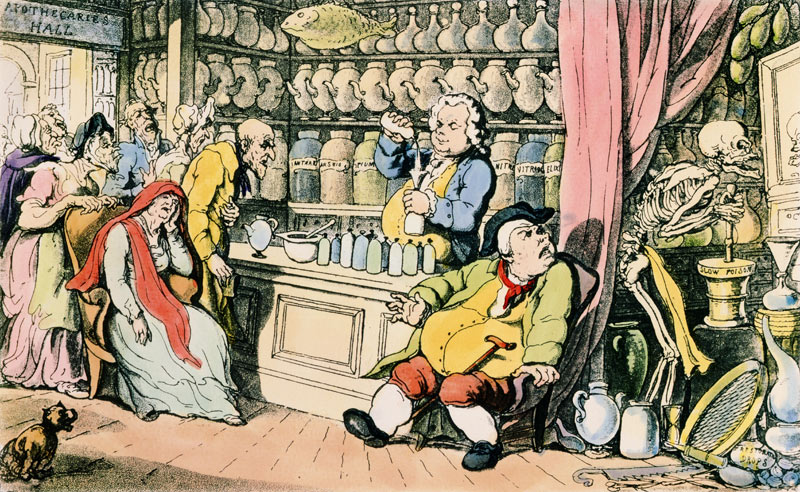 ''Death and the Apothecary'' or ''The Quack Doctor'', illustration from ''The English Dance of Death from (after) Thomas Rowlandson