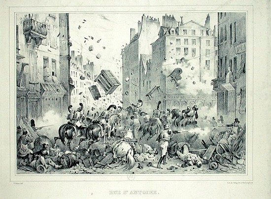 Rue Saint-Antoine in July 1830; engraved by H. Delaporte from (after) Victor Adam