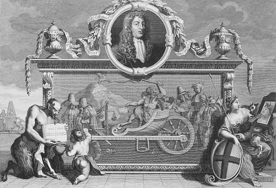 Frontispiece for ''Hudibras'' including a portrait of Samuel Butler; engraved by Cosmo Armstrong from (after) William Hogarth