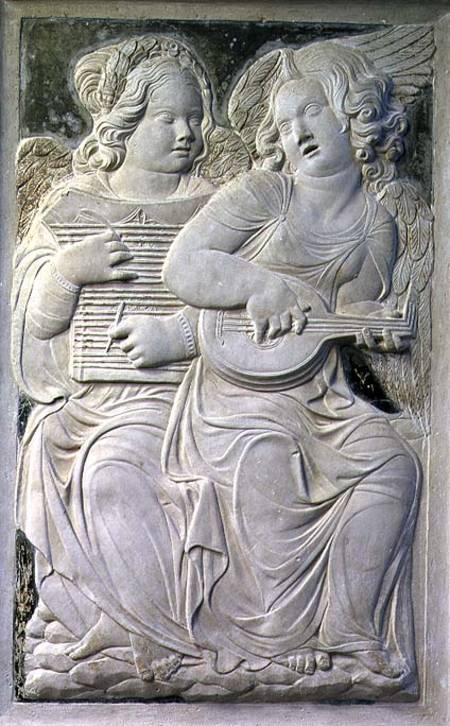 Two putti, one playing the psaltery with two quills and the other playing the mandola, from the frie from Agostino  di Duccio