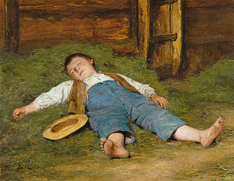 Sleeping boy in the hay. from Albert Anker