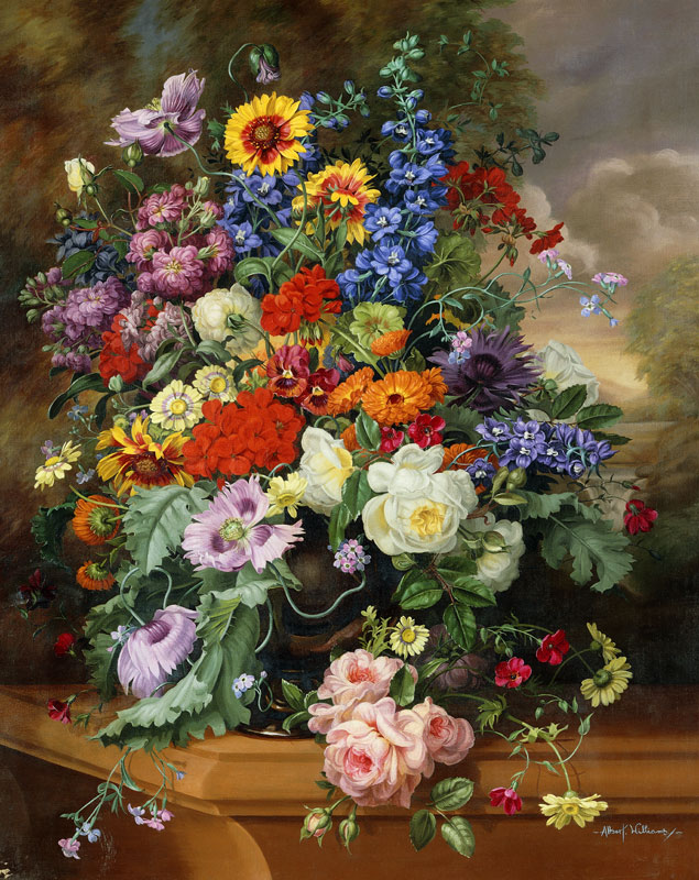Still Life with Roses, Delphiniums, Poppies, and Marigolds on a Ledge from Albert  Williams
