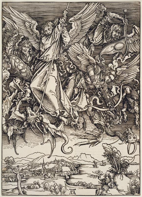 Michaels Kampf mit dem Drachen, aus der Folge der Apokalypse, Urausgabe Deutsch 1498 from Albrecht Dürer