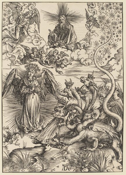 Das Sonnenweib und der siebenköpfige Drache, aus der Folge der Apokalypse, Latein-Ausgabe 1511 from Albrecht Dürer