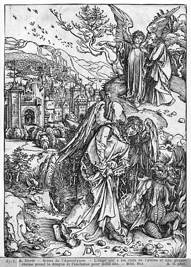 Scene from the Apocalypse, The angel holding the keys of the abyss and a big chain, enchains the dra from Albrecht Dürer