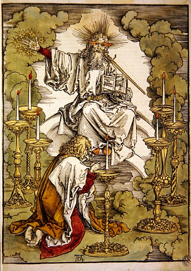 St. John on the Island of Patmos receives inspiration from God to create the Apocalypse, 1498 (colou from Albrecht Dürer