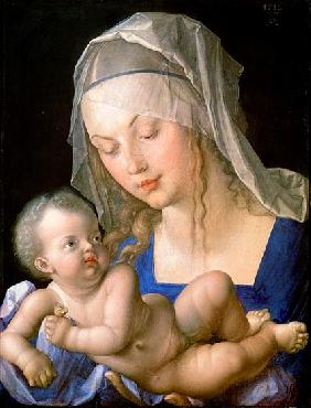 Virgin and child holding a half-eaten pear