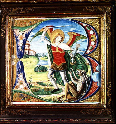 Historiated initial 'B' depicting St. Michael and the Dragon, 1499-1511 (vellum) from Alessandro Pampurino