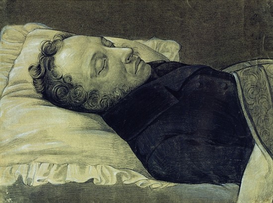 Portrait of Alexander Pushkin on his deathbed, 1837 (pencil, gouache and ink on paper) from Alexander Alexeyevich Koslov