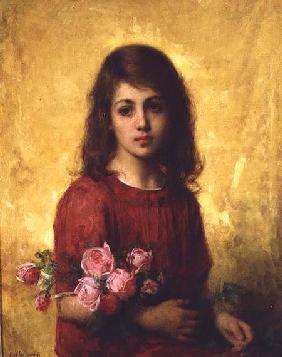 Portrait of a Young Girl holding a Bunch of Roses