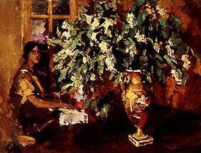 Jug with branches of the wild cherry from Alexejew. Konstantin Korovin