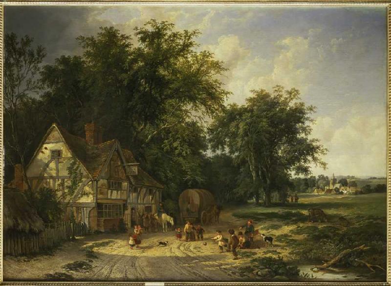 Ball playing boys in front of the pub of The Gun from Alfred Walter Williams