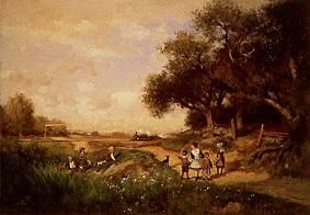 Landscape with children and approaching train from Alfred Wordsworth Thompson