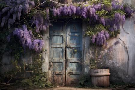 oude deur overgroeid met wisteria