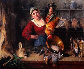Dutch maid at a sales stand with poultry and deer shot.