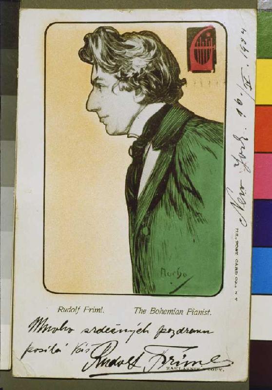 The Bohemian pianist Rudolf Friml postcard with dedication for a concert Tournée of the artist from Alphonse Mucha