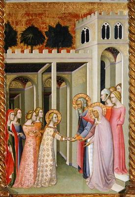 Triptych of the Coronation of the Virgin, right panel depicting the Virgin returning to her family h