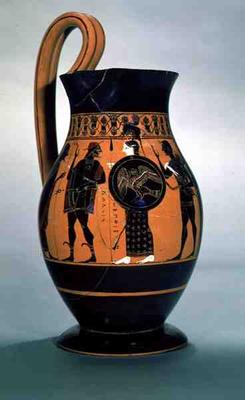 Attic black-figure olpe depicting Athena Confronting Poseidon, 6th century BC (pottery) from Amasis Painter