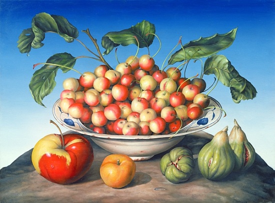 Cherries in Delft bowl with red and yellow apple from  Amelia  Kleiser