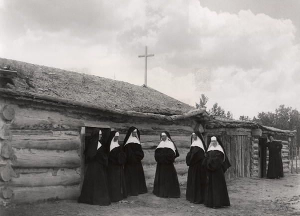 Nuns in front of the Saint Labre mission, Ashland, Montana (b/w photo)  from American Photographer
