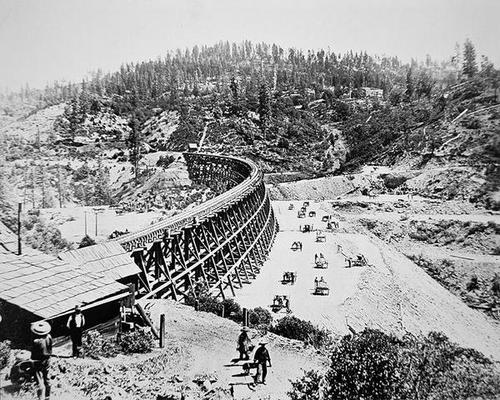Chinese labourers working on a trestle bridge on the western slope of the Sierra Nevada mountains, 1 from American Photographer, (19th century)