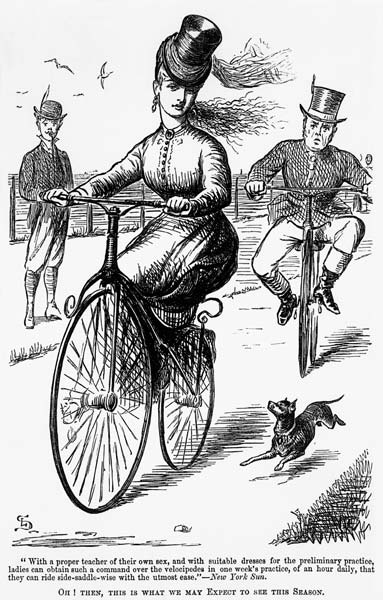 Cartoon of a Lady on a Velocipede from American School