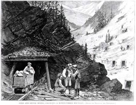 Gold and Silver Mining, Colorado - A Honey-Combed Mountain, from a drawing by Frenzeny and Tavernier from American School
