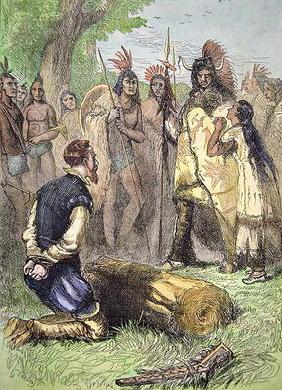 Pocahontas saves the life of John Smith (coloured engraving)
