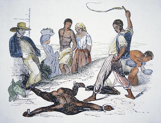 Whipping a slave in punishment (coloured engraving) from American School