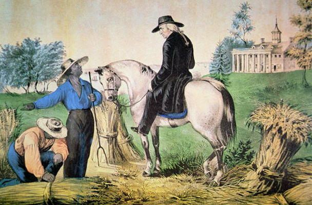 George Washington (1732-99) on his Mount Vernon estate with his black field hands, 1797 (colour lith from American School, (18th century)