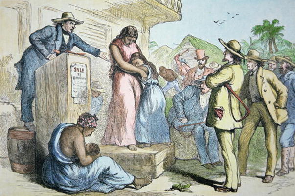 A slave auction in the Deep South, c.1850 (coloured engraving) from American School, (19th century)