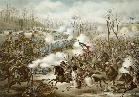 Battle of Pea Ridge, Arkansas, 6th-8th March, engraved by Kurz & Allison (colour litho) from American School, (19th century)