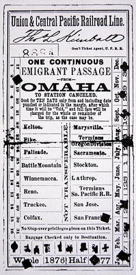 Cheap emigrant ticket to San Francisco, 1876 (print) from American School, (19th century)