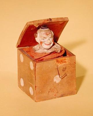 Jack-in-the-box (clown face), 1870-1900 (wood, textile, metal, paint) from American School, (19th century)