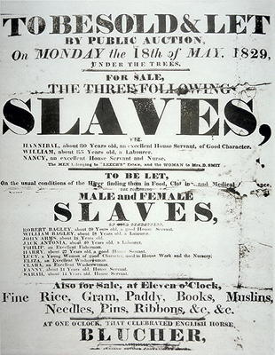 Poster for a slave auction, 1829 (litho) from American School, (19th century)