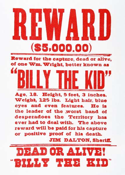 Reward Poster for Billy the Kid (1859-81) (litho) from American School, (19th century)